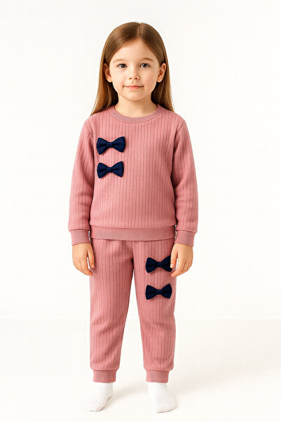 minikiss Bow Detailed Cotton Tracksuit Top and Bottom Girl's Two-Piece Set