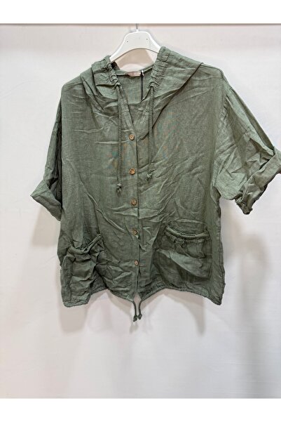 della moor Khaki Italian K Hooded Buttoned Half Sleeve Casual Linen Blouse