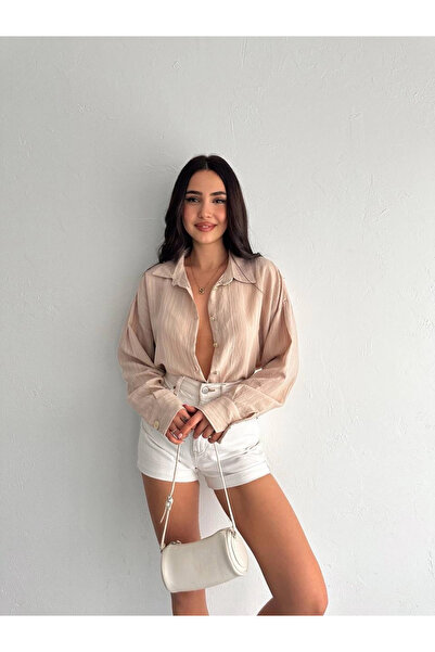 ZENGEZUR MALL Sptrns Striped Oversized Shirt Beige (205521) (Size: S)