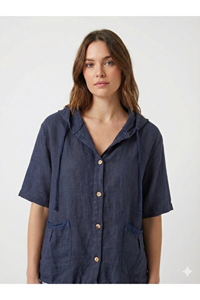 della moor Navy Blue Italian K Hooded Buttoned Half Sleeve Casual Linen Blouse