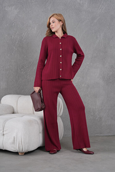 Park Karon Women's Shirt Collar Button Closure Patterned Jacket Pants Two-Piece Knitwear Set