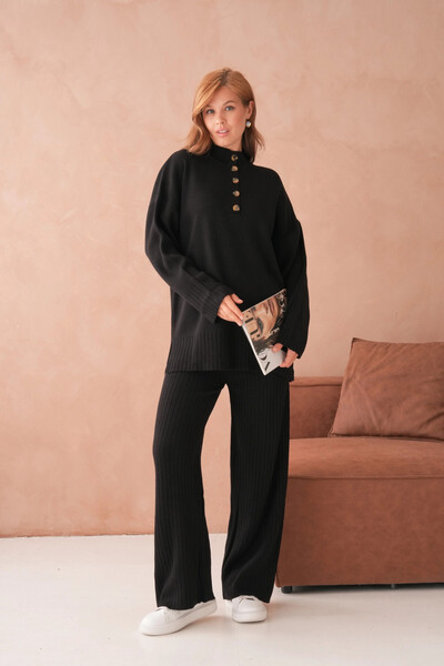 Park Karon Women's Mock Neck Button Detail Slit Casual Sweater Pants Two-Piece Knitwear Set