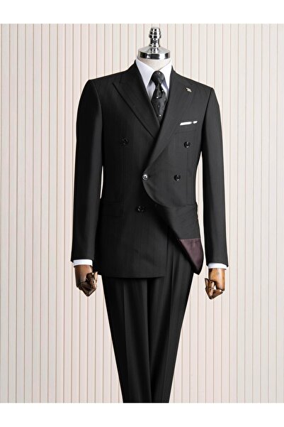 TerziAdemAltun Italian Style K Double-Breasted Jacket Pants Suit Black T14020