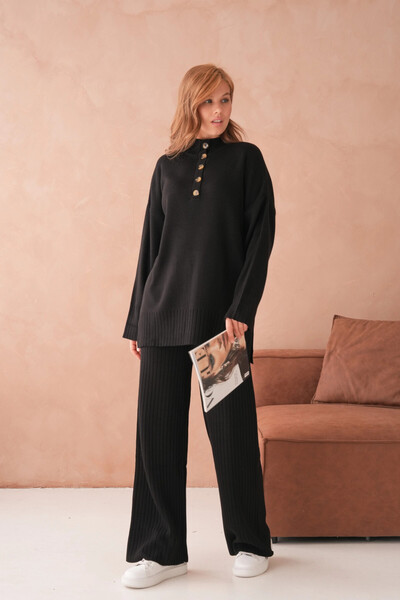 Park Karon Women's Mock Neck Button Detail Slit Casual Sweater Pants Two-Piece Knitwear Set