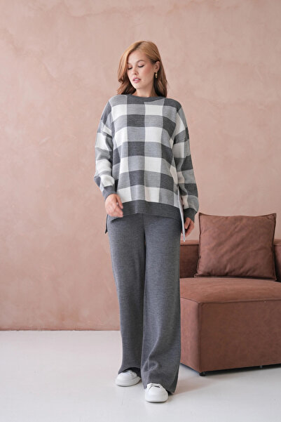 Park Karon Women's Crew Neck Patterned Slit Casual Sweater Pants Two-Piece Knitwear Set