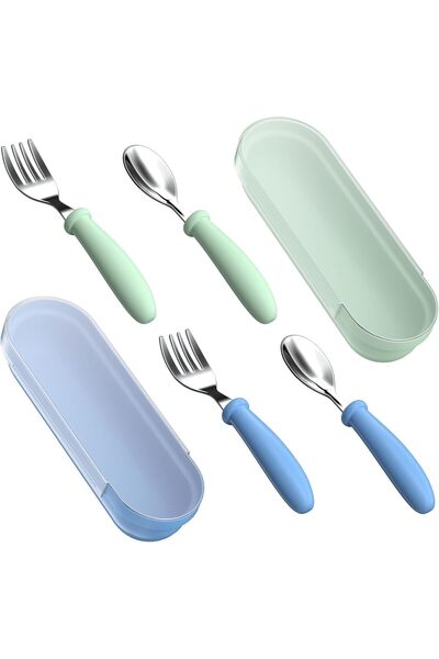 Yelajoy Toddler Flatware Set – 2-Piece Fork & Spoon Set with Storage Case (Green+Blue)