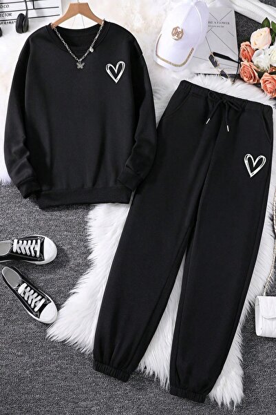 uyguntarz Kalp Printed Unisex Crew Neck Sweatshirt - 2-Piece Tracksuit Set