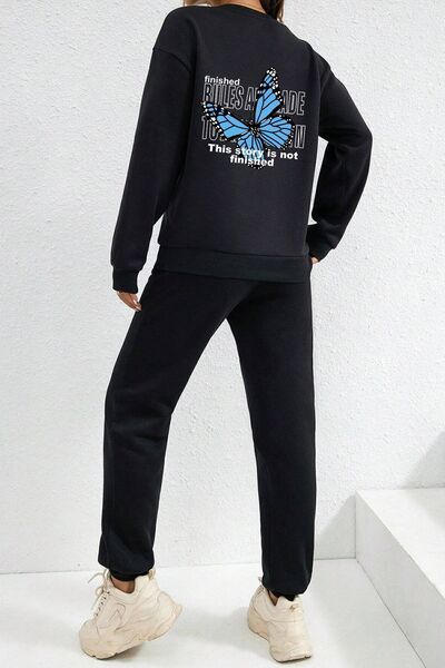 uyguntarz Unisex Blues Butterfly Printed Crew Neck Sweatshirt - 2-Piece Tracksuit Set
