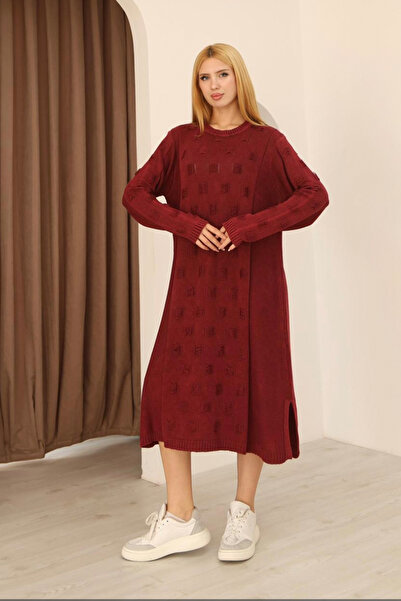 AYASOFYA OTANTIK Women's Burgundy Round Neck Patterned Pocketed Vintage Loose Cotton Knit Midi Dress
