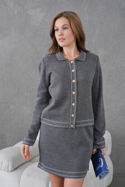 Park Karon Women's Shirt Collar Button Closure Patterned Jacket Skirt Two-Piece Knitwear Set