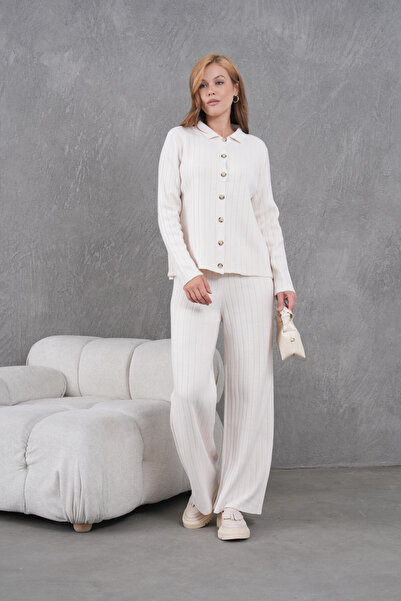 Park Karon Women's Shirt Collar Button Closure Patterned Jacket Pants Two-Piece Knitwear Set