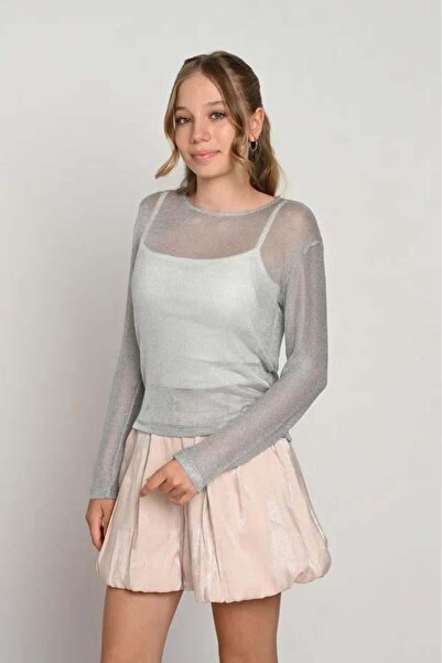 LOCO LOCO File Simli Kız 2'li Bluz - Gri