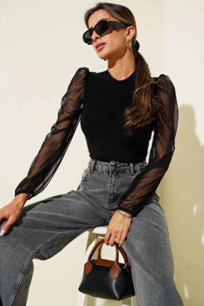 ZENGEZUR MALL Sptrns Mock Neck Tulle Sleeve Blouse Black T3066 (204957) (Size: S)