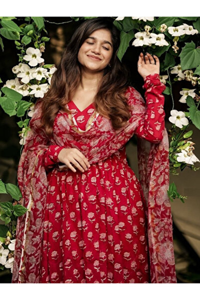 MYSMAR Red Viscose Cotton Salwar Kameez Dupatta - ALV2012 | Red