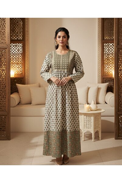 Maison Emarat All Over Floral Printed Jalabiya with embroidery on yoke