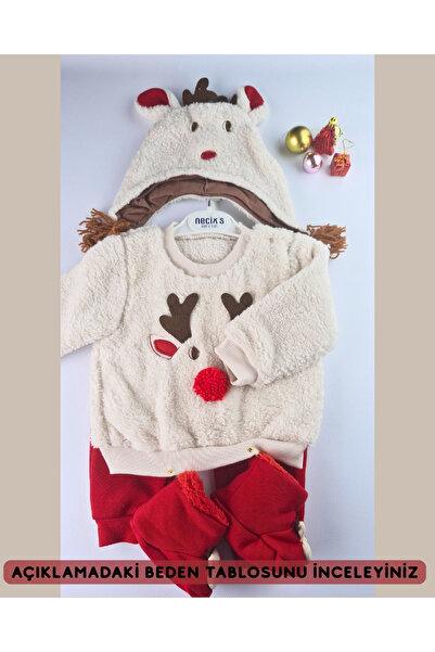 Asliva fashion Asliva Geyikli Baby Set - Plush Sherpa Top, Bottom, Hat, Booties 4-Piece Set - New Year Combination - 6-24 Months