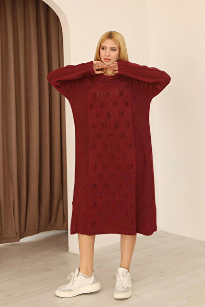 AYASOFYA OTANTIK Women's Burgundy Round Neck Patterned Pocketed Vintage Loose Cotton Knit Midi Dress