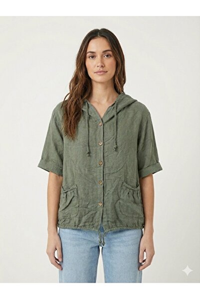 della moor Khaki Italian K Hooded Buttoned Half Sleeve Casual Linen Blouse