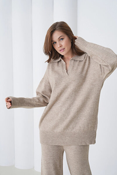 Park Karon Жіночий светр з поло-комірцем, оверсайз, брюки, двокомпонентний трикотажний комплект