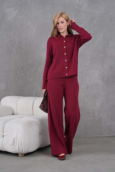 Park Karon Women's Shirt Collar Button Closure Patterned Jacket Pants Two-Piece Knitwear Set