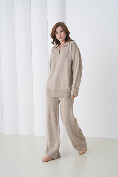 Park Karon Жіночий светр з поло-комірцем, оверсайз, брюки, двокомпонентний трикотажний комплект