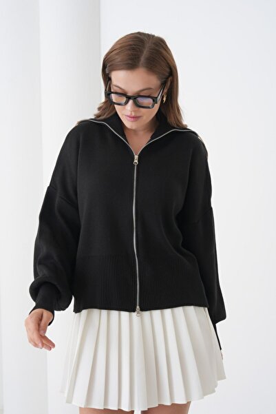 Noi Belis Basic Oversized Turn-Down Collar Zippered Knitwear Cardigan Aw25Hi0059