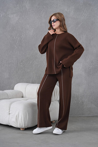 Park Karon Women's Crew Neck Slit Oversized Sweater Pants Two-Piece Knitwear Set