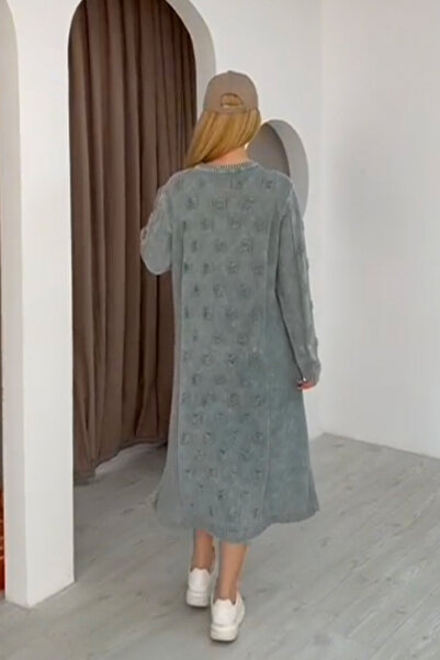 AYASOFYA OTANTIK Women's Gray Round Neck Patterned Pocketed Vintage Loose Cotton Knit Midi Dress