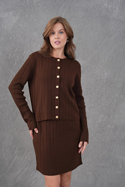 Park Karon Women's Crew Neck Button Closure Jacket Skirt Two-Piece Knitwear Set