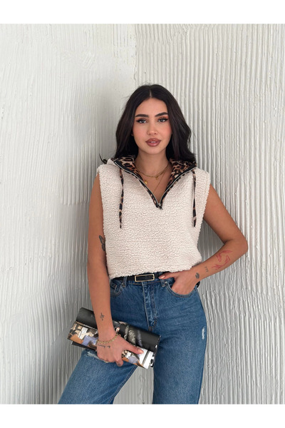 ZENGEZUR MALL Drnds Lined Hooded Lamb Vest White T1243 (212322) (Size: S)