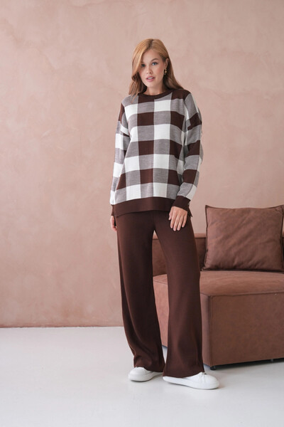 Park Karon Women's Crew Neck Patterned Slit Casual Sweater Pants Two-Piece Knitwear Set