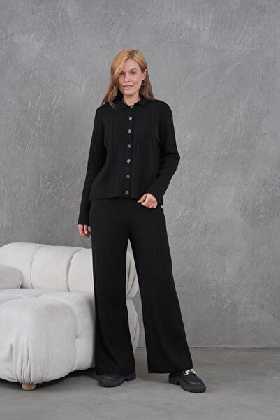 Park Karon Women's Shirt Collar Button Closure Patterned Jacket Pants Two-Piece Knitwear Set