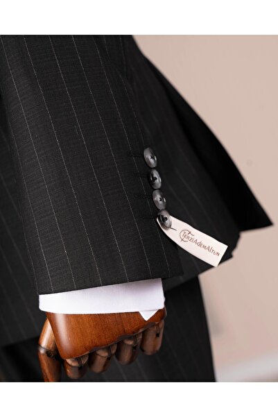 TerziAdemAltun Italian Style 8 Drop K Double-Breasted Striped Jacket Pants Suit Black T14595