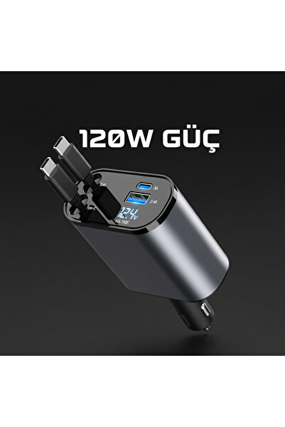 zyntech 120W Süper Hızlı Araç Şarjı 4'ü 1 Arada | Geri Çekilebilir Type-C ve iOS Kablo | Dijital Voltaj