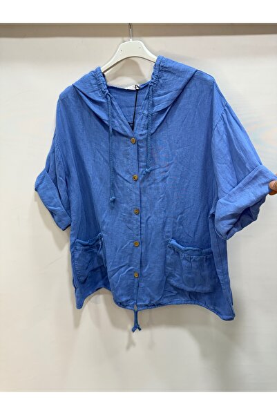 della moor Bluză casual din in, cu jumătate de mânecă, cu cu glugă nasturi, albastră, italiană