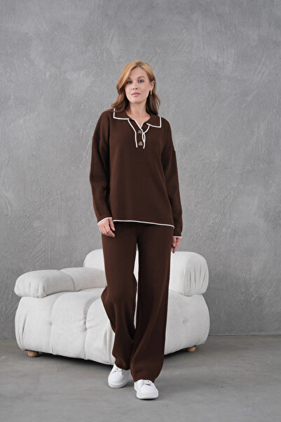 Park Karon Women's Polo Neck Button Detail Oversized Ribbed Knit Sweater Pants Two-Piece Knitwear Set