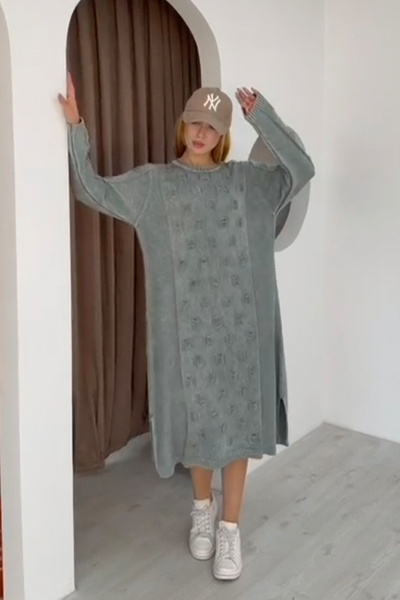 AYASOFYA OTANTIK Women's Gray Round Neck Patterned Pocketed Vintage Loose Cotton Knit Midi Dress