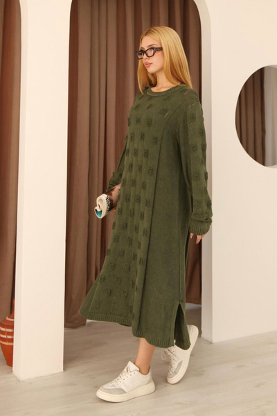 AYASOFYA OTANTIK Women's Khaki Round Neck Patterned Pocketed Vintage Loose Cotton Knit Midi Dress