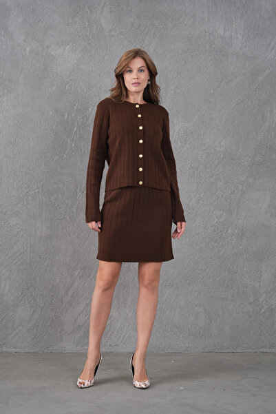 Park Karon Women's Crew Neck Button Closure Jacket Skirt Two-Piece Knitwear Set