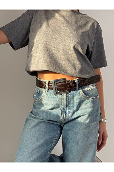 coaksco Women's Large Silver Buckle Crocodile Bitter Brown Belt