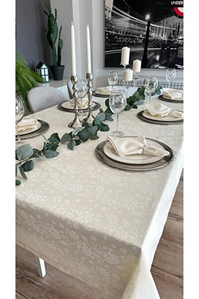 Decamor home Floral Patterned Ecru Tablecloth Liquid Resistant (Napkin Not Included)