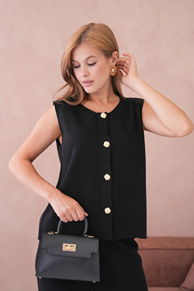 Park Karon Women's Wide Collar Button Detail Ribbed Knit Long Vest Pants Two-Piece Knitwear Set