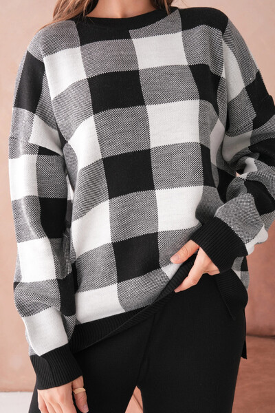 Park Karon Women's Crew Neck Patterned Slit Casual Sweater Pants Two-Piece Knitwear Set