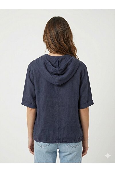 della moor Navy Blue Italian K Hooded Buttoned Half Sleeve Casual Linen Blouse