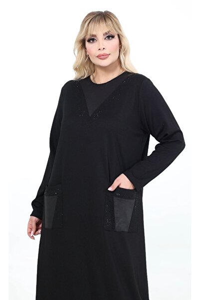 MODA MAÇKA PARK Plus Size Dress with Stretchy Fabric and Pocket Details.