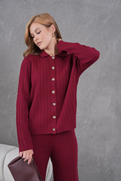 Park Karon Women's Shirt Collar Button Closure Patterned Jacket Pants Two-Piece Knitwear Set