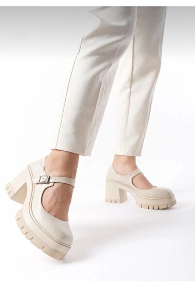 dabab shoes Aury Women's Beige Mary Jane Thick Sole Heeled Loafer Shoes