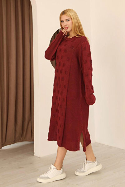 AYASOFYA OTANTIK Women's Burgundy Round Neck Patterned Pocketed Vintage Loose Cotton Knit Midi Dress