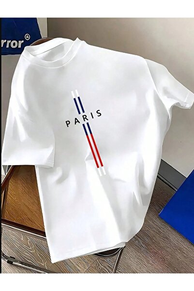 one button Unisex Paris Dik Tasarımlı Basic Bisiklet Yaka Regular T-shirt %100 Pamuk
