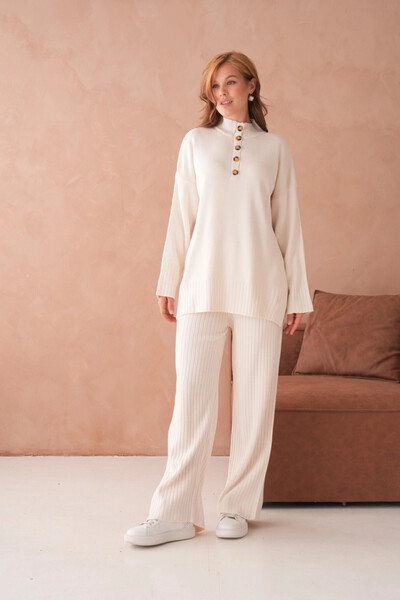 Park Karon Women's Mock Neck Button Detail Slit Casual Sweater Pants Two-Piece Knitwear Set